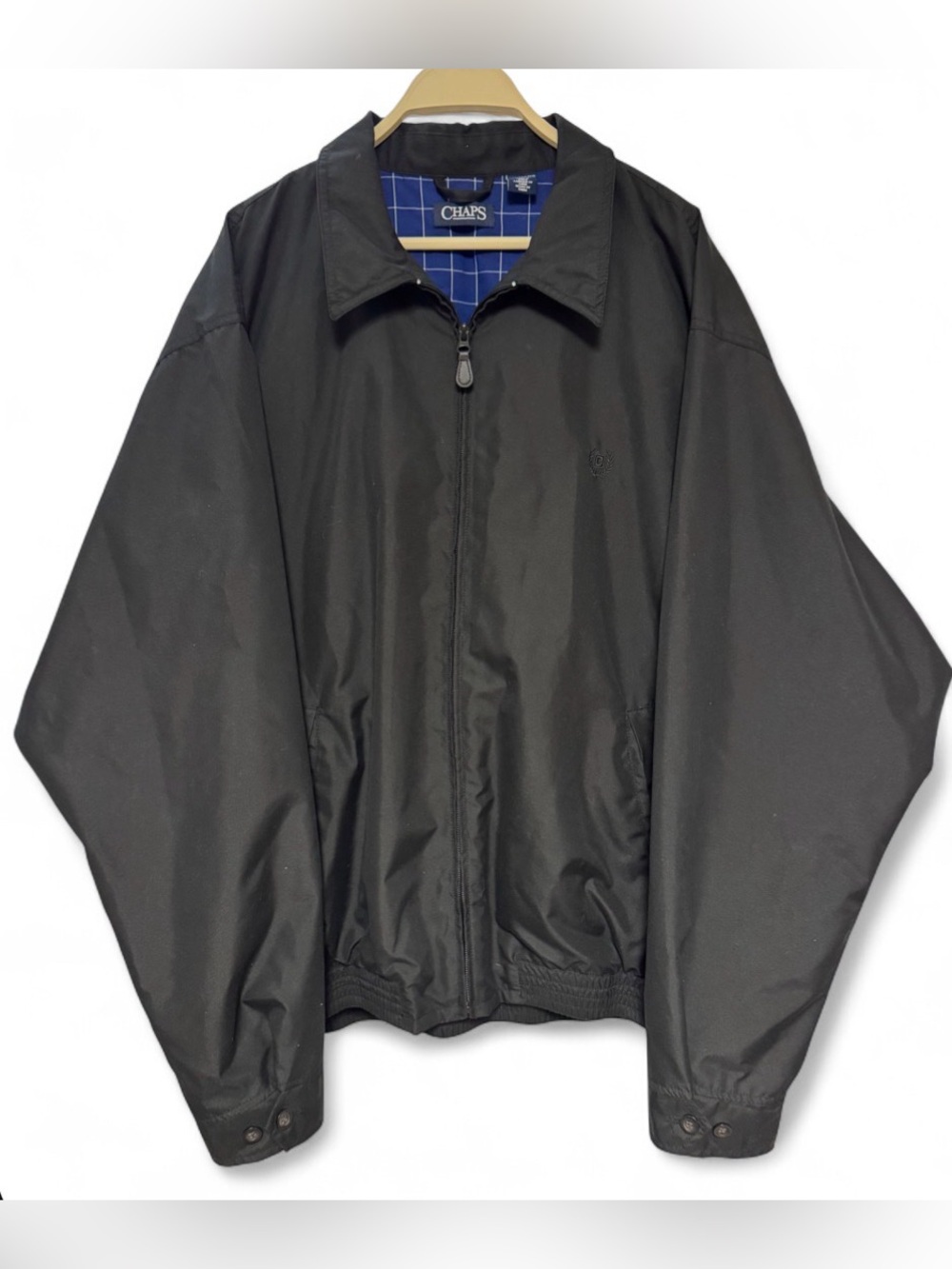 Chaps Black Zip Windbreaker Jacket with Plaid Lining